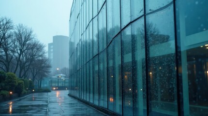 Obraz premium Modern Building with Glass Facade on Rainy Day in the City