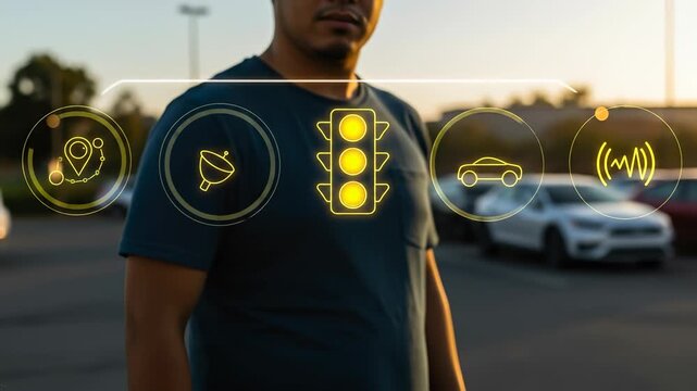 Intelligent transportation system visuals showcase smart traffic control and autonomous vehicle technology as an adult man interacts with a glowing holographic interface at sunset.