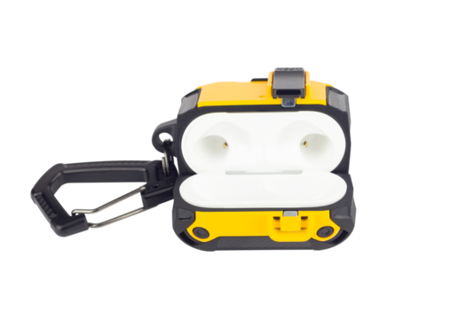 protective case with carabiner for wireless headphones, isolated from the background