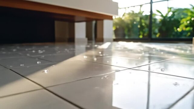Sunny interior with bright tiled floor.