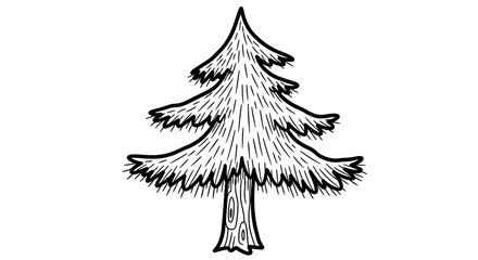 Fototapeta premium Black and white hand-drawn illustration of a textured coniferous tree, resembling a pine or fir, with a distinct trunk and bushy branches.