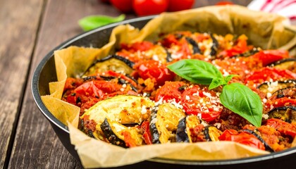 A vibrant, gourmet dish of rice and vegetables with a choice of meat, such as chicken or pork, served on a white plate