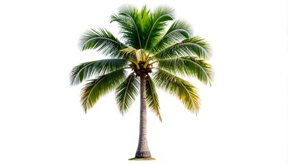 A vibrant tropical coconut palm tree stands tall against a bright white background.