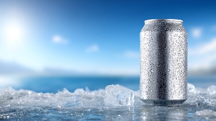Refreshment of a Cold Beverage Can Surrounded by Ice and Water Under a Bright Sunny Sky