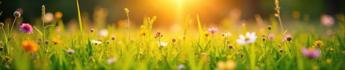Fototapeta premium Golden hour sunlight bathes lush green meadow with wildflowers in full bloom Perfect for summer, nature, and outdoor themes Idyllic scene of vibrant natural beauty , bloom, outdoor, sunlit