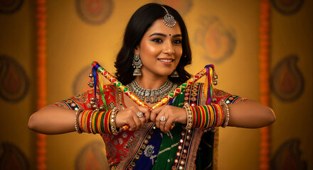 Obraz premium Joyful Woman in Traditional Indian Attire Ready for Dandiya Dance