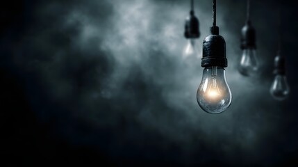 Glowing lightbulb stands out in a moody atmospheric setting
