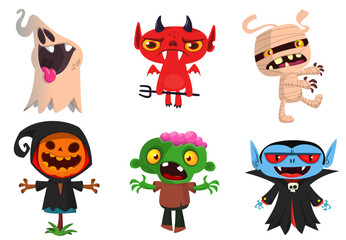 Cartoon set of Halloween characters design. Vector  illustration of mummy zombie vampire ghost grim reaper devil werewolf witch pumpkin head