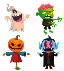 Cartoon set of Halloween characters design. Vector  illustration of mummy zombie vampire ghost devil 