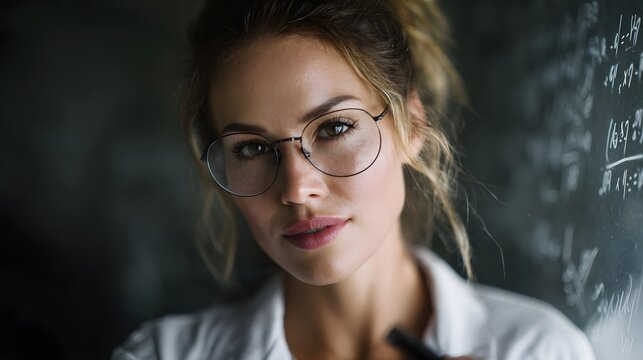 Woman in lab coat writing equations on a chalkboard - Powered by Adobe