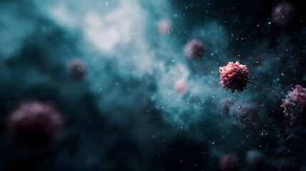 Virus particles floating in a microscopic biological scene