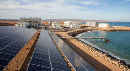 Fototapeta premium Large Solar Panel Farm and Desalination Plant Located on a Coastal Area, Showcasing Infrastructure for Sustainable Energy and Water Production.