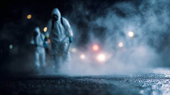 Hazmat clad medical staff disinfecting an urban street at night