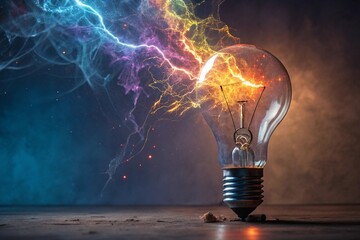 Explosion of colorful energy and light emanating from a lightbulb