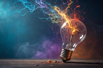 Bright idea light bulb ignited with colorful energy and electricity