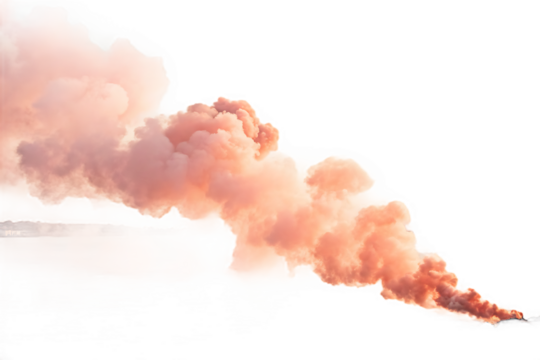 Billowing peach colored smoke trail against a stark black background creating a dramatic and ethereal visual effect