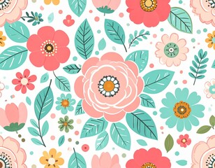 A cheerful floral pattern design features various blossoms and leaves in soft pastel colors on a white backdrop.