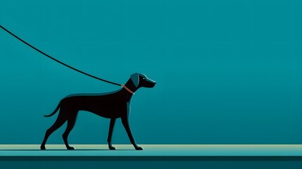 Black Dog on Leash Walking Along a Calm Urban Pathway in Minimalist Vector Art Style