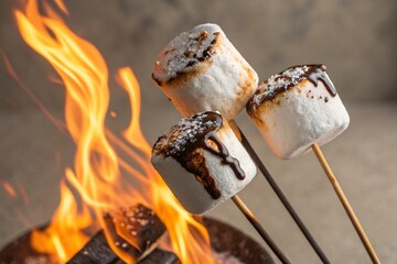 Three marshmallows on sticks being roasted over a campfire with flames