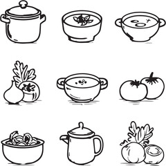Creamy Tomato Soup Black Line Editable Icons set
