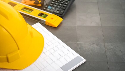 A bright yellow safety helmet rests on a gray tiled surface alongside a level and a notepad.