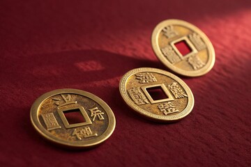 Three antique chinese coins with square holes on a red textured background