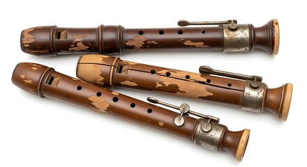 Naklejka premium Antique Wooden Recorders on White Background.