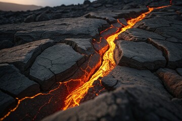 Molten lava flowing through a crack in volcanic rock at dusk