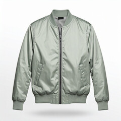 Silver bomber jacket hangs against white backdrop showcasing its sleek silhouette and modern style, perfect for fashion and apparel promotions.