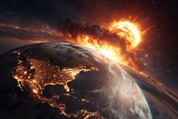 Fiery celestial event approaching earth with city lights visible