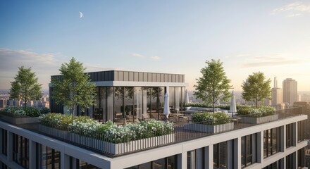 Fototapeta premium Modern Building with a Beautiful Rooftop Garden and Outdoor Seating Area, Offering a Serene Urban Oasis Against a Cityscape at Sunset.
