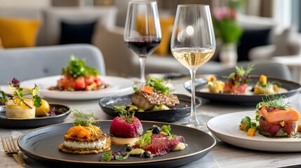 Elegant Gourmet Dining Experience with Assorted Dishes and Wine Glasses on a Table