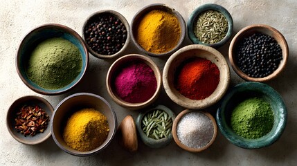 Colorful Collection of Various Spices and Herbs in Bowls on a Rustic Kitchen Table
