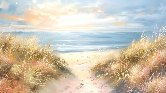 A digital painting of a serene beach scene with a sandy path leading to the ocean. The sky is painted with soft hues of blue and orange, suggesting either dawn or dusk.
