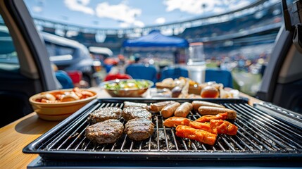 Grilling Delicious Barbecue with Hamburger Sausages and Vegetables During Outdoor Tailgate Party