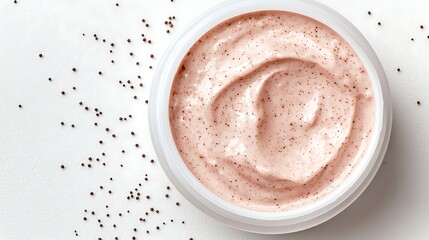 A creamy pink exfoliating scrub in a circular container, surrounded by small dark granules on a light background.