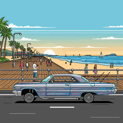 Lowrider Cruising Along the Boardwalk Illustration