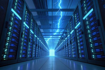 Futuristic data center with blue neon lights and electrical arcs