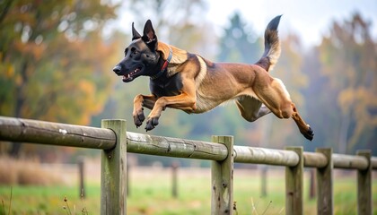 Belgian Malinois dog jump fence autumn.