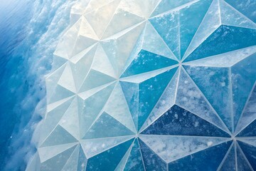 Closeup abstract geometric pattern of ice crystals with blue and white tones, showcasing intricate details and textures