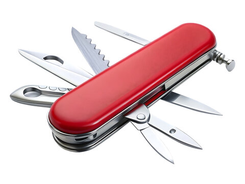 Red Multi- Tool Pocket Knife With Various Implements Open swiss army knife multi-tool isolated on a transparent background