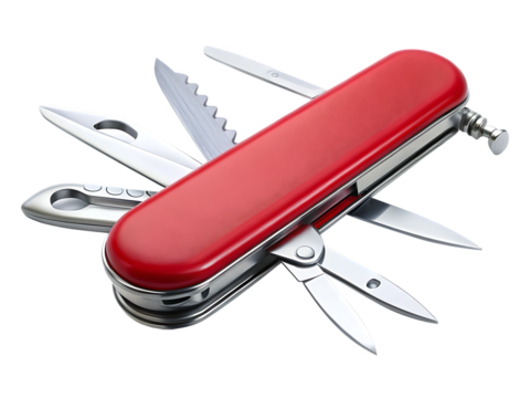 Red Multi- Tool Pocket Knife With Various Implements Open swiss army knife multi-tool isolated on a transparent background