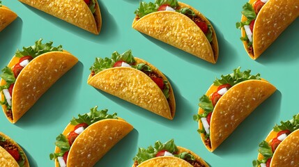 Colorful Arrangement of Crispy Tacos With Fresh Vegetables on a Vibrant Background