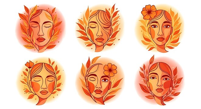Abstract Watercolor Women Portraits with Botanical Elements.