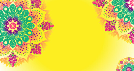 Vibrant mandala designs on a bright yellow background with copy space