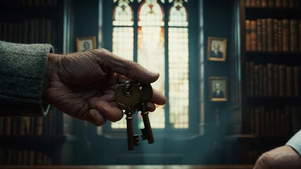 Two Hands Exchanging Antique Keys in a Library with Stained Glass Windows - Powered by Adobe
