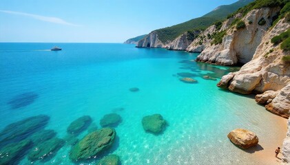 Obraz premium Sun-Drenched Mediterranean Coast Crystal-Clear Turquoise Waters Perfect for Summer Vacation Travel Brochures and Tourism Marketing
