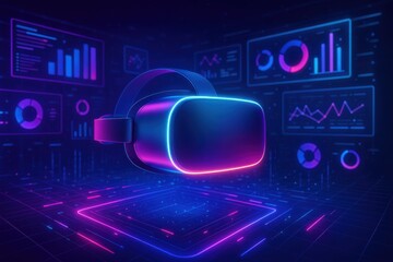 Immersive virtual reality experience with futuristic neon interface and data visualizations