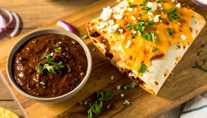 Cheesy, flavorful burrito and rich, dark sauce are served on a wooden board.