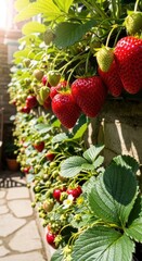 Vibrant strawberry plants with ripening fruits against weathered stone wall